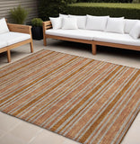 8' X 10' Beige and Orange Striped Washable Non Skid Indoor Outdoor Area Rug