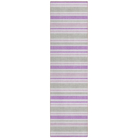 2' X 8' Purple Gray and White Striped Washable Non Skid Indoor Outdoor Area Rug