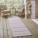 2' X 8' Purple Gray and White Striped Washable Non Skid Indoor Outdoor Area Rug