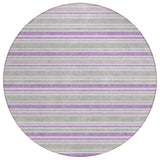 8' X 8' Purple Gray and White Round Striped Washable Non Skid Indoor Outdoor Area Rug