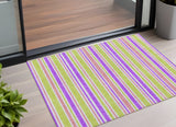 3' X 5' Purple Green and Pink Striped Washable Non Skid Indoor Outdoor Area Rug