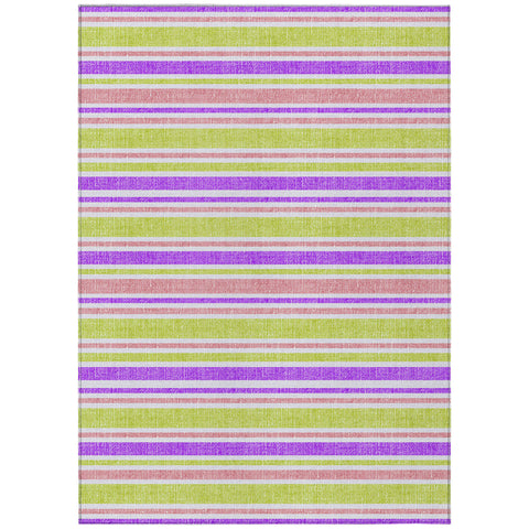 5' X 8' Purple Green and Pink Striped Washable Non Skid Indoor Outdoor Area Rug