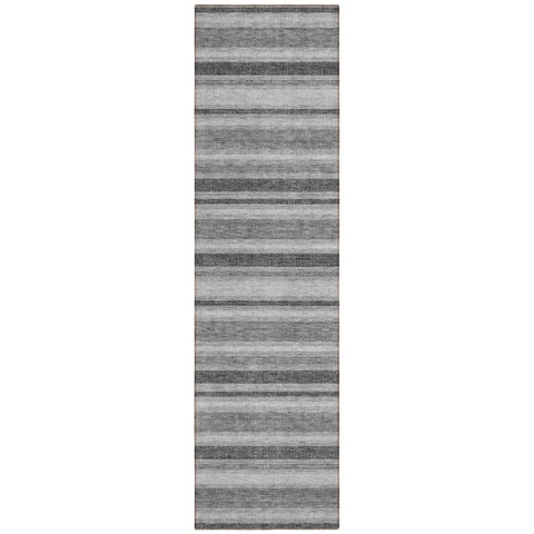2' X 8' Black Silver and Gray Striped Washable Indoor Outdoor Runner Rug