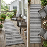 2' X 8' Black Silver and Gray Striped Washable Indoor Outdoor Runner Rug