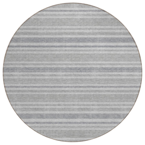 8' X 8' Black Silver and Gray Round Striped Washable Indoor Outdoor Area Rug