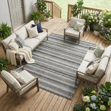 8' X 10' Black Silver and Gray Striped Washable Indoor Outdoor Area Rug