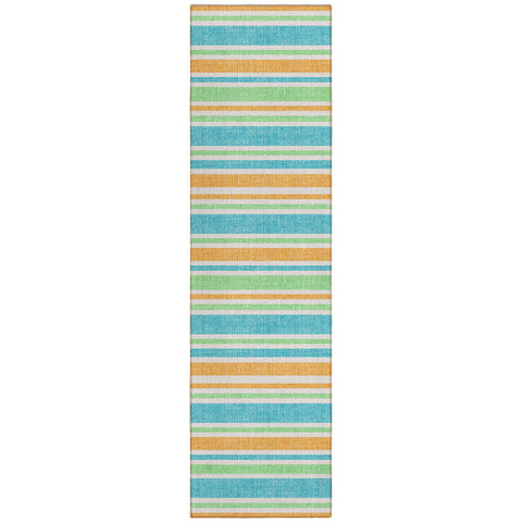 2' X 8' Teal Yellow and Green Striped Washable Non Skid Indoor Outdoor Runner Rug