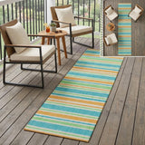 2' X 8' Teal Yellow and Green Striped Washable Non Skid Indoor Outdoor Runner Rug