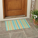 3' X 5' Teal Yellow and Green Striped Washable Non Skid Indoor Outdoor Area Rug