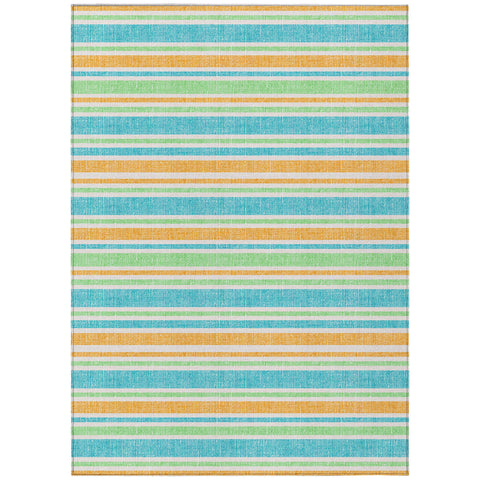 3' X 5' Teal Yellow and Green Striped Washable Non Skid Indoor Outdoor Area Rug
