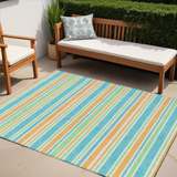 5' X 8' Teal Yellow and Green Striped Washable Non Skid Indoor Outdoor Area Rug