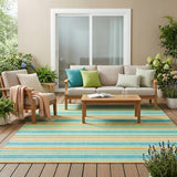 5' X 8' Teal Yellow and Green Striped Washable Non Skid Indoor Outdoor Area Rug