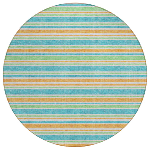 8' X 8' Teal Yellow and Green Round Striped Washable Non Skid Indoor Outdoor Area Rug