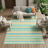 8' X 10' Teal Yellow and Green Striped Washable Non Skid Indoor Outdoor Area Rug