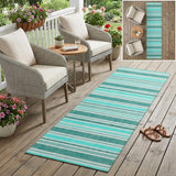 2' X 8' Turquoise Striped Washable Indoor Outdoor Runner Rug