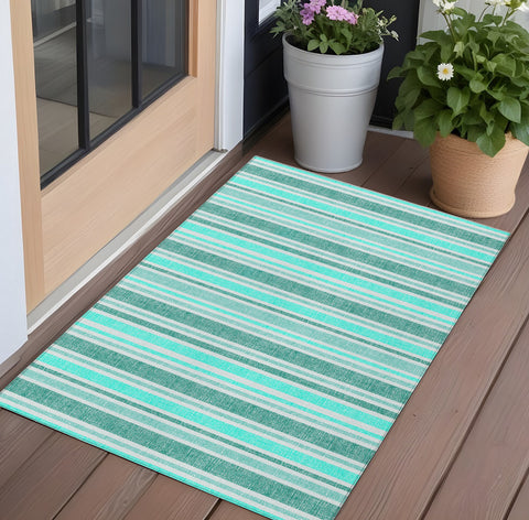 3' X 5' Turquoise Striped Washable Indoor Outdoor Area Rug
