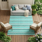 8' X 10' Turquoise Striped Washable Indoor Outdoor Area Rug