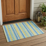 2' X 3' Blue Yellow and Green Striped Washable Non Skid Indoor Outdoor Area Rug