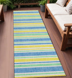 2' X 8' Blue Yellow and Green Striped Washable Non Skid Indoor Outdoor Runner Rug
