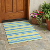 3' X 5' Blue Yellow and Green Striped Washable Non Skid Indoor Outdoor Area Rug