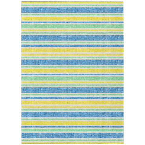 5' X 8' Blue Yellow and Green Striped Washable Non Skid Indoor Outdoor Area Rug