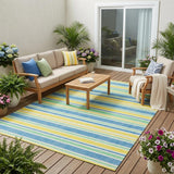 5' X 8' Blue Yellow and Green Striped Washable Non Skid Indoor Outdoor Area Rug