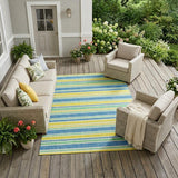 8' X 10' Blue Yellow and Green Striped Washable Non Skid Indoor Outdoor Area Rug