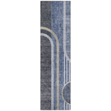 2' X 8' Blue and Black Abstract Washable Indoor Outdoor Runner Rug