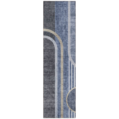 2' X 8' Blue and Black Abstract Washable Indoor Outdoor Runner Rug