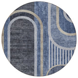 8' X 8' Blue and Black Round Abstract Washable Indoor Outdoor Area Rug