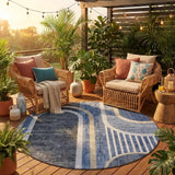 8' X 8' Blue and Black Round Abstract Washable Indoor Outdoor Area Rug