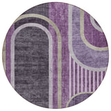 8' X 8' Purple and Black Round Abstract Washable Indoor Outdoor Area Rug