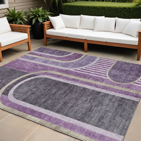 8' X 10' Purple and Black Abstract Washable Indoor Outdoor Area Rug