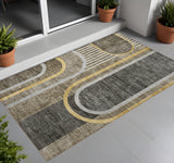 2' X 3' Gray Green and Gold Abstract Washable Non Skid Indoor Outdoor Area Rug