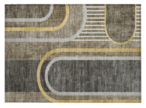 2' X 3' Gray Green and Gold Abstract Washable Non Skid Indoor Outdoor Area Rug
