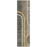 2' X 8' Gray Green and Gold Abstract Washable Non Skid Indoor Outdoor Area Rug