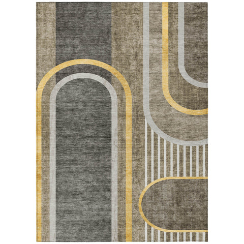 5' X 8' Gray Green and Gold Abstract Washable Non Skid Indoor Outdoor Area Rug
