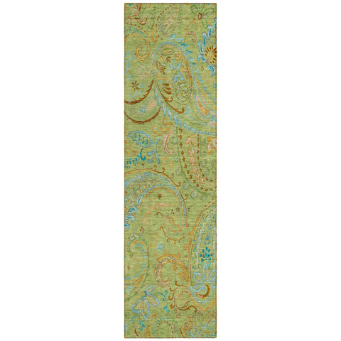 2' X 8' Artichoke Green Paisley Washable Indoor Outdoor Runner Rug