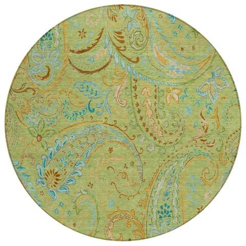 8' X 8' Artichoke Green Round Paisley Washable Indoor Outdoor Area Rug