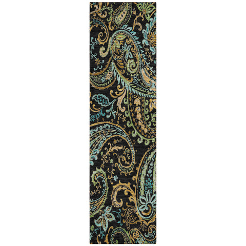 2' X 8' Black and Gold Paisley Washable Indoor Outdoor Runner Rug