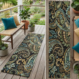 2' X 8' Black and Gold Paisley Washable Indoor Outdoor Runner Rug