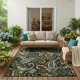 5' X 8' Black and Gold Paisley Washable Non Skid Indoor Outdoor Area Rug