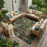 8' X 10' Black and Gold Paisley Washable Non Skid Indoor Outdoor Area Rug