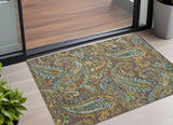 2' X 3' Brown Aqua and Gold Paisley Washable Non Skid Indoor Outdoor Area Rug