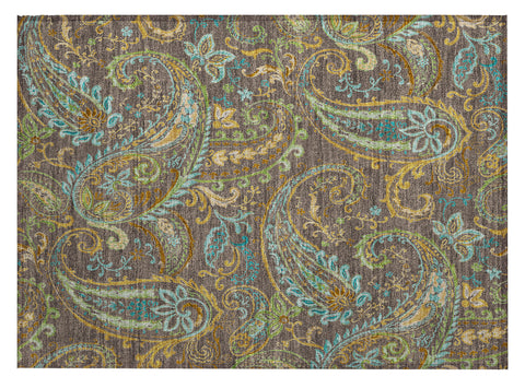 2' X 3' Brown Aqua and Gold Paisley Washable Non Skid Indoor Outdoor Area Rug
