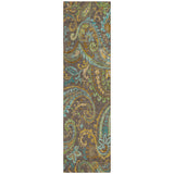 2' X 8' Brown Aqua and Gold Paisley Washable Non Skid Indoor Outdoor Area Rug