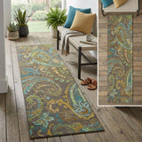 2' X 8' Brown Aqua and Gold Paisley Washable Non Skid Indoor Outdoor Area Rug
