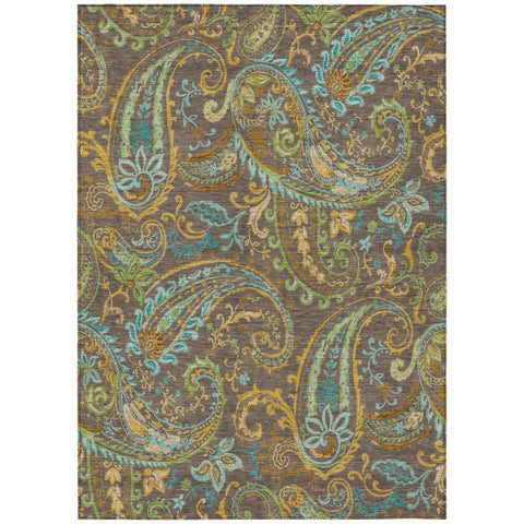 3' X 5' Brown Aqua and Gold Paisley Washable Non Skid Indoor Outdoor Area Rug