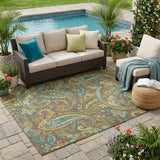 5' X 8' Brown Aqua and Gold Paisley Washable Non Skid Indoor Outdoor Area Rug