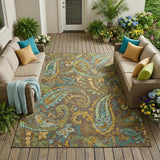 8' X 10' Brown Aqua and Gold Paisley Washable Non Skid Indoor Outdoor Area Rug